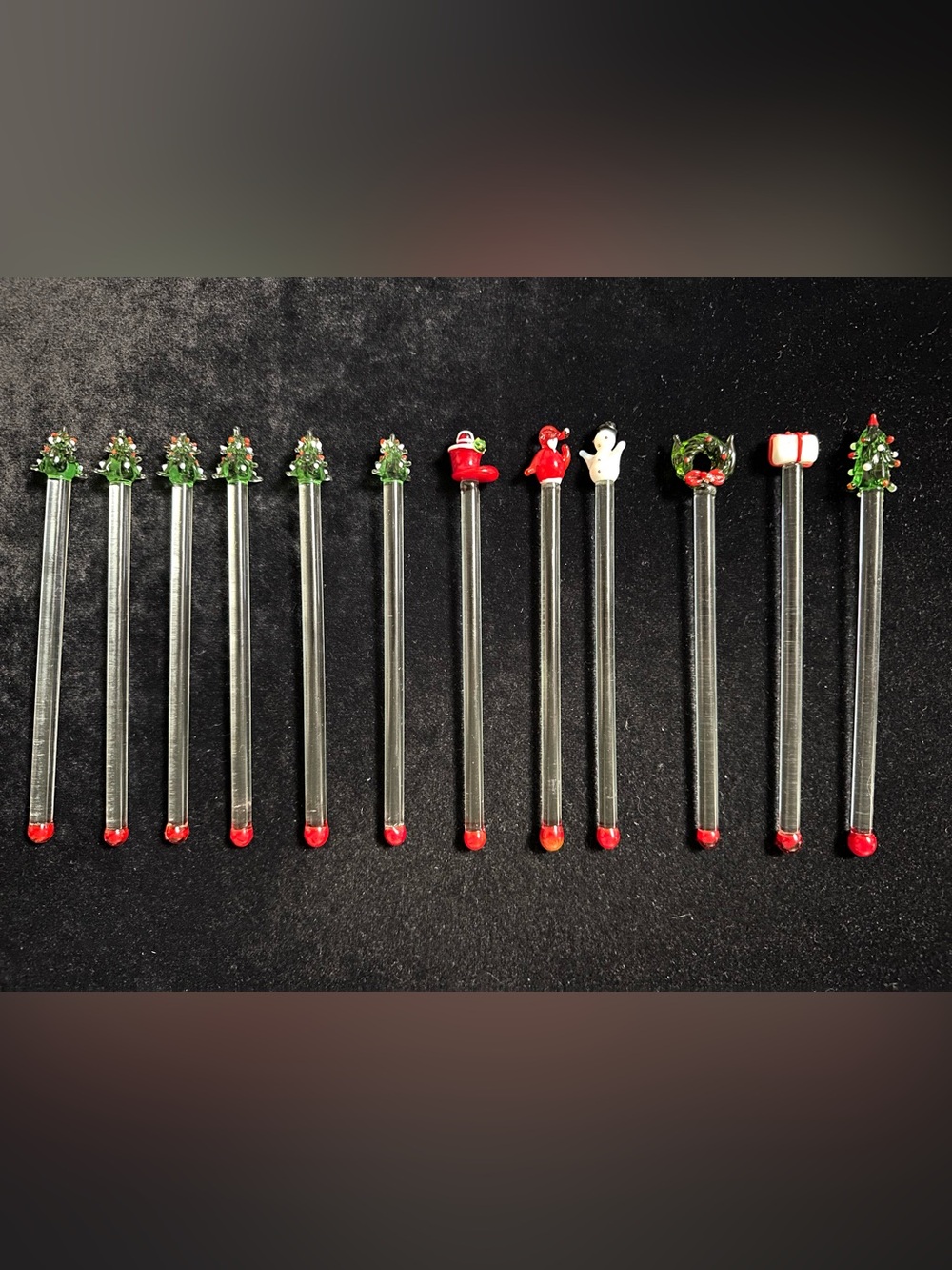 Vintage Glass Christmas Themed Drink Swizzle Cocktail Stirrers Set of 12
